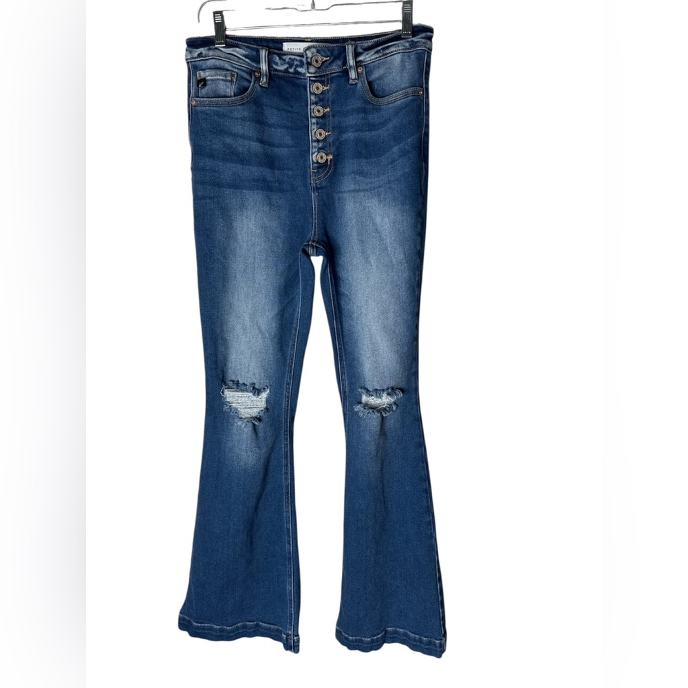 Kancan Petite Flare Distressed High Rise Jeans